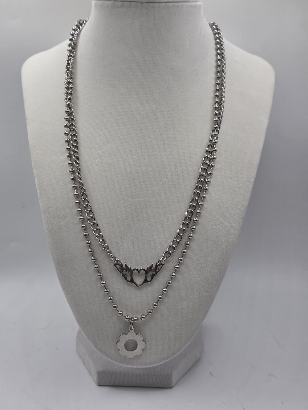 Silver Layered Necklace 18" Double Chain Winged Flame Heart Flower Charm Y2K